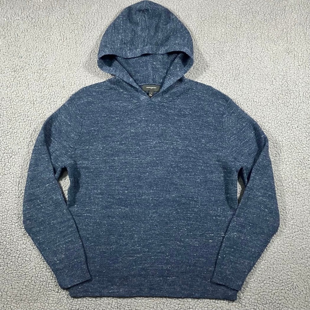 Banana Republic Mens Blue Marled Knit Pullover Hoodie Sweater Large L Soft Blend
